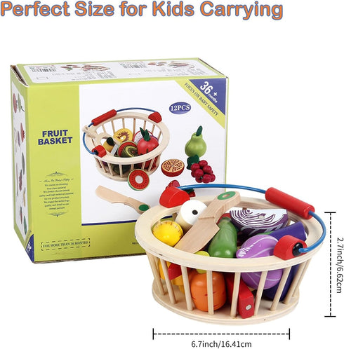 Set Wooden Vegetable Toys for Children,Pretend Play Food for Kid, Magnetic Cutting Kitchen Toy with Picnic Basket,Baby