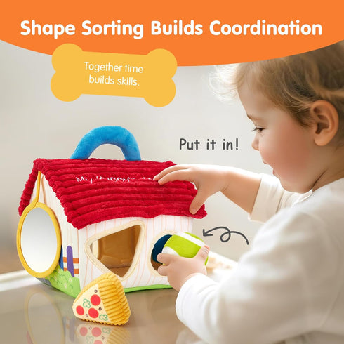 1 Set 1-3, hahaland Montessori Toys for Year Old Plush Puppy Sensory Toy with Dog House, Rattle, Crinkle, Mirror