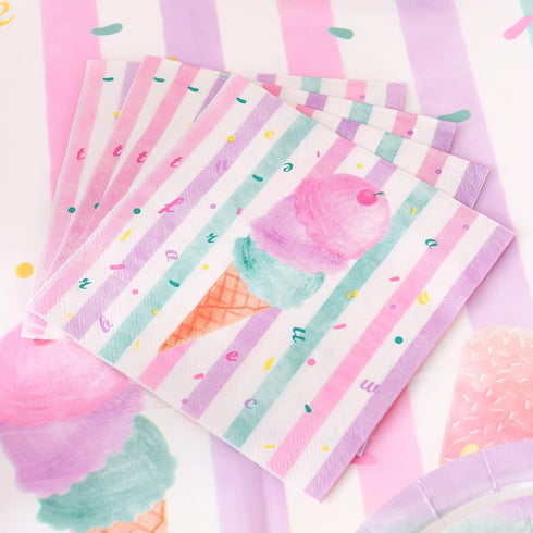 WERNNSAI Ice Cream Party Supplies - Disposable 3 Ply Pink Sweet Ice Cream Themed Birthday Napkins for Girls