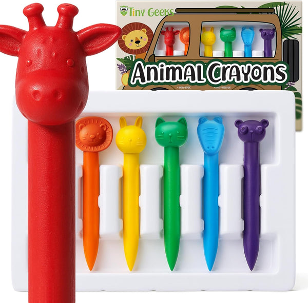 TinyGeeks 6 Animal Shaped Crayons - Non Toxic Crayons for Toddlers -