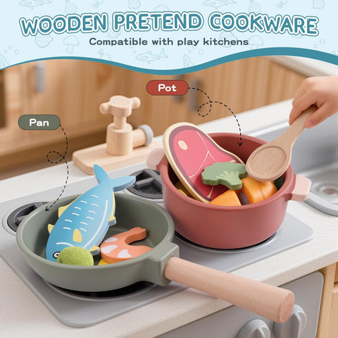 3 4 5 6 Wooden Play Kitchen Accessories - Pretend Play Food for Toddlers with Dishes Pots & Pans for Year Old, Cutting