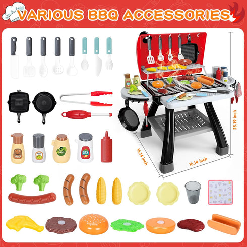 Kids BBQ Grill Kitchen Playset - 2-Layer Barbecue Outdoor Play Grill Toy with Smoke, Sound & Light for Toddler Boys