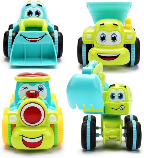 Friction Powered Trucks for 2 Year Old Boys, 4 Cartoon Construction Vehicles, Push & Go Cars Set
