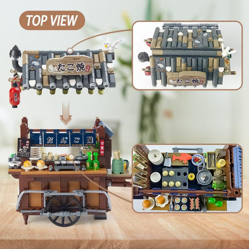 Japanese Street View Mini Blocks Kit - Takoyaki Trolley, 951 Pcs Japanese Mini Brand Store Toy for Adults, 6+