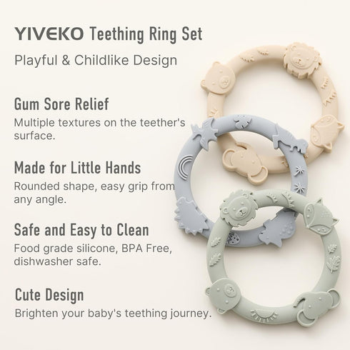 Silicone Teethers for Babies 0-6 6-12 Months Teething Toys for Infants Baby Chew Toys for Sucking Needs Baby Teething Rings for Infant Boys and Girls 3 Pack-Dinosaur-Baby Blue
