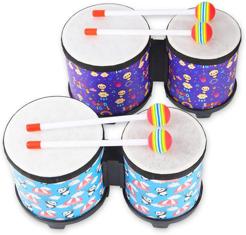 Set 2 5" 6") Bongo Floor Tom Drums for Kids: Childrens Drum Percussion Music Instrument with Mallets - Preschool