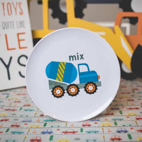 Set 4 Bulldozer, Tiny Expressions - Construction Plates for Toddlers - of Melamine Plates for Kids - Excavator, Cement