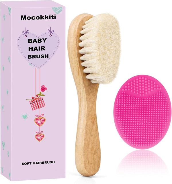Mocokkiti Baby Hair Brush, Goat Bristles Brush and Rose Red Baby Silicone Brush