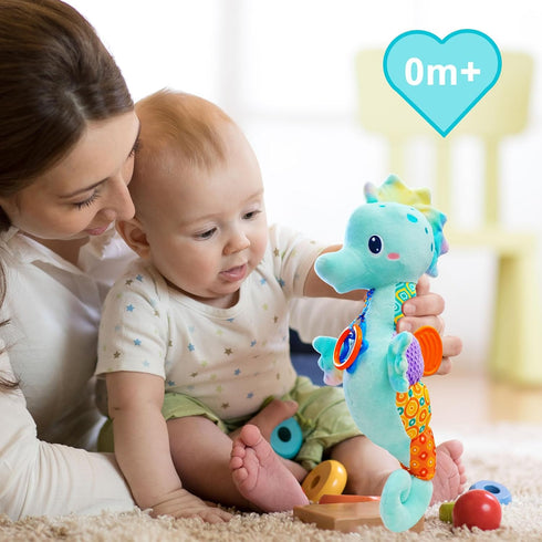 Baby Toys 0-6 Months - Infant Musical Stuffed Animals with Bright Colors, Crinkle Sound, Multi-Textures & Rattles (Blue)