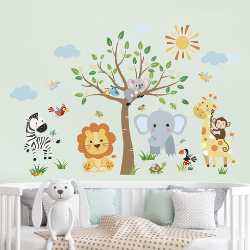 Whimsical Forest Animal Wall Stickers for Nursery - Elephant, Lion & Giraffe Decals