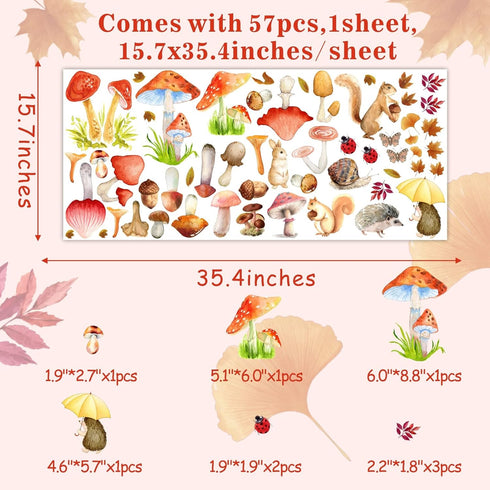 Watercolor Mushroom Wall Decals Colorful Mushroom Wall Stickers Cute Animal Autumn Leaf Wall Stickers Peel and Stick
