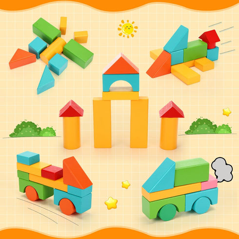 Libima 100 Pcs Wood Building Blocks for Toddlers 2-4 Years, Wooden Building Set with Storage Container, Preschool
