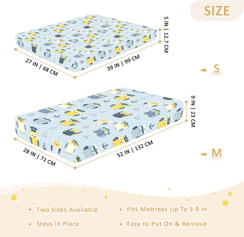 miaozhen 1 Pack 52x28 Cotton Baby Crib Sheets Comfy Breathable Funny Ocean Owl Blue Crib Mattress Sheet for Nursery