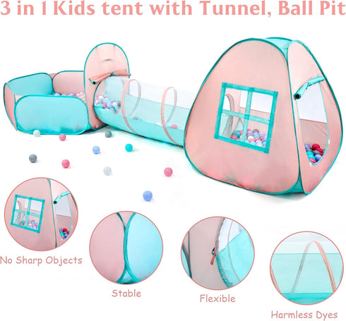 3 in 1 Pop Up Kids Play Tent with Tunnel and Ball Pit, Indoor/Outdoor Playhouse for Kids, Boys, Girls, Orange