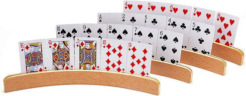 AMEROUS Wooden Playing Card Holders for Kids, Seniors, Adults - Curved Wood Tray Rack Organizer for Card Games (Set of