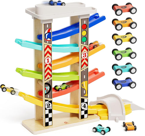 TOP Bright Wooden Race Track Car Ramp Toys for Toddlers 1-3 Years