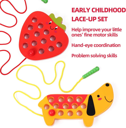 Wooden Threading Toys for 3 Year Olds, Fine Motor Skill Educational Montessori Travel Toy, 1 Strawberry & 1 Dog
