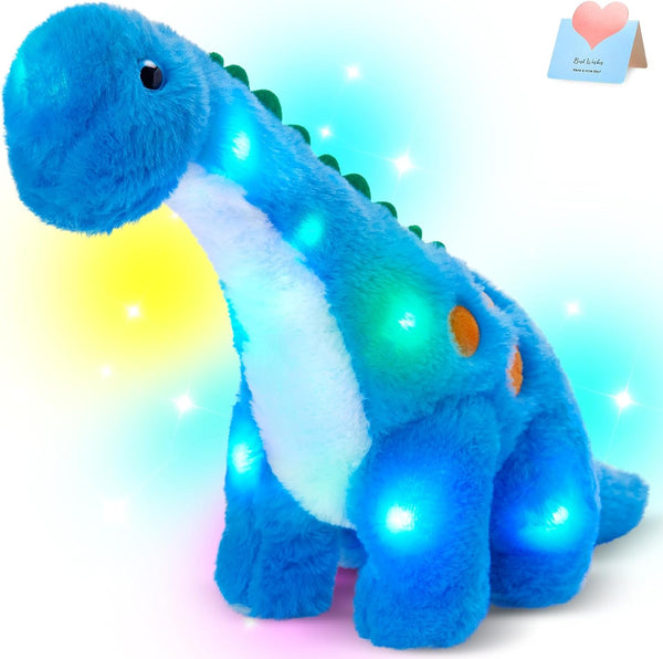 Houwsbaby 14” Blue Light Up Dinosaur Stuffed Animal, LED Glowing Diplodocus Plush Toy Night Light for Kids