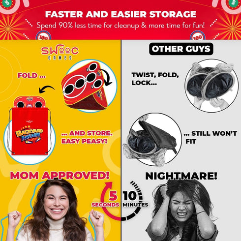 2-in-1 5-Second Setup Swooc Games - Backyard Arcade | Bean Bag Toss Game for Kids w/Carry Bag | & Storage | Outside