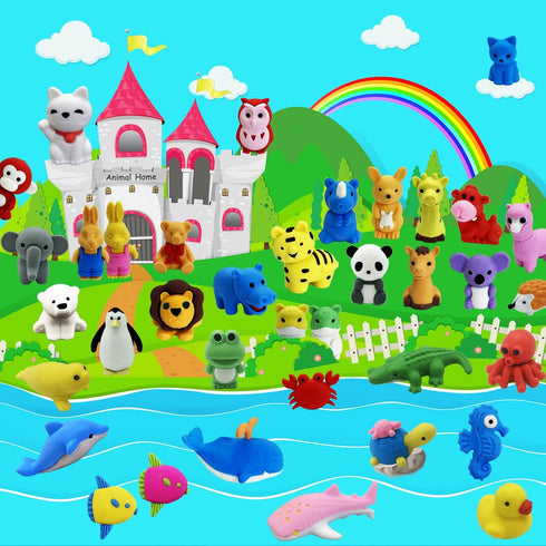 Kleeblatt 40Pcs Animal Erasers, Desk Pets for Kids, Assembled 3D Puzzle Erasers, Classroom Prizes