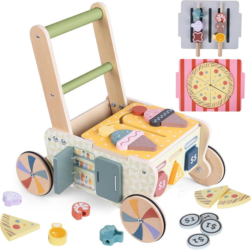 Wooden Baby Walker with Wheels, Montessori Kitchen Walking Toys, Pretend Play Grocery