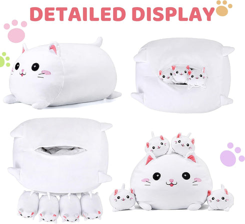 Cute Cat Plush Stuffed Animal with 4 Baby Soft Pillows, Birthday Gift for Kids