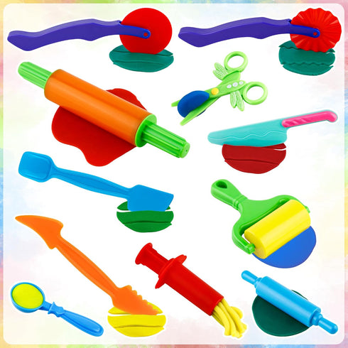 11 Set Dough Play Tools PCS Basic Dough Accessories Starter for Kids with Pizza Cutters, Safety Scissors, Rolling Pin