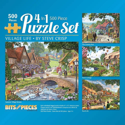Bits and Pieces 4-in-1 Multi-Pack 500 Piece Jigsaw Puzzles for Adults - Village Life by Artist Steve Crisp, 16" x 20"