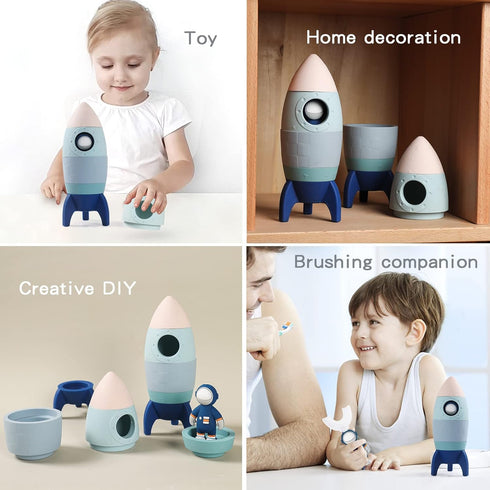 Silicone Rocket Stacking Toy - Space Rocket Toy - Baby Teething Toys -Early Learning Stacking Tower Educational Learning Stacking Toys Nesting Toy for Early Educational for Infants (blue)