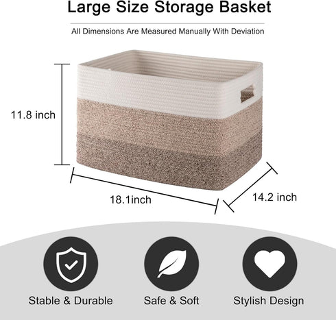OIAHOMY Cotton Rope Basket, Rectangle Woven Baskets for Storage, Toy Basket with Handle, Baskets for Organizing -