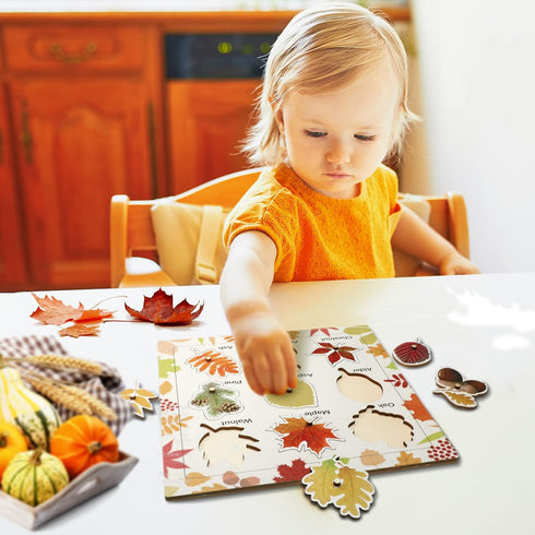 Leaf Wooden Jigsaw Puzzles with Knobs, Educational Learning Stem Toys, Thanksgiving Montessori Puzzle for Preschool