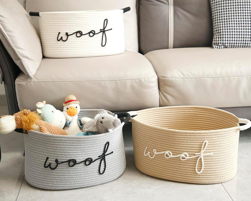 ZOMBATI Woof Woven Rope Storage Baskets, Pet Dog Toy Bin Box Perfect for organizing Chew Toys Blankets leashes, Dog Toy