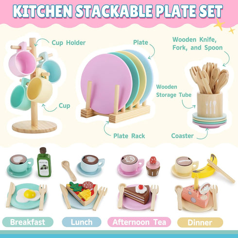 Set -27Pcs Set, 3-5, GAGAKU Kids Wooden Play Dishes Montessori Play Kitchen Accessories Plates and Bowls Storage Stand