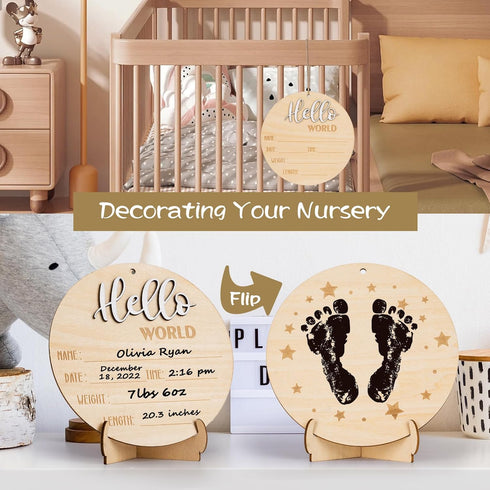 Hello World Sign for Baby Announcement: Gender-Neutral Wooden Welcome Newborn Signs for Hospital with Footprint - Baby