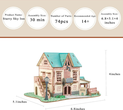 3D Wooden House Puzzles for Adults, Wooden Starry Sky Inn Building Model, 6.8" × 5.1" × 4", No Glue Required