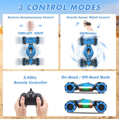 RC Car Gesture Sensing Stunt Car - 2.4GHz 4WD Off-Road Toy for Boys and Girls Ages 6-12 with Lights and Music