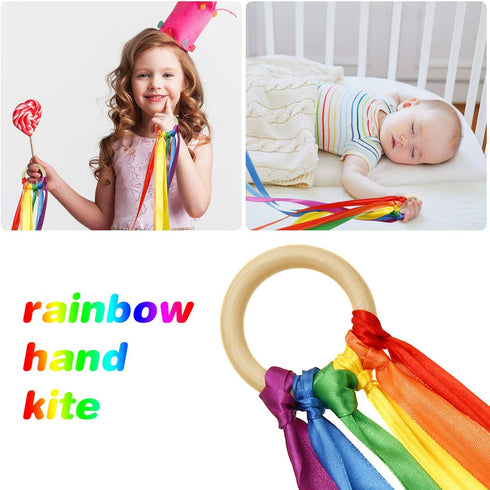 WILLBOND 3 Pieces Rainbow Hand Kite Ribbon, Dancing Ribbon Streamer with Wood Ring Educational Toys