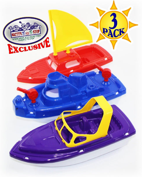 Set Sailboat Set 3 Pack Matty's Toy Stop Plastic Boats (Red), Speedboat (Purple) & Fireboat (Blue) Gift Bundle, Perfect