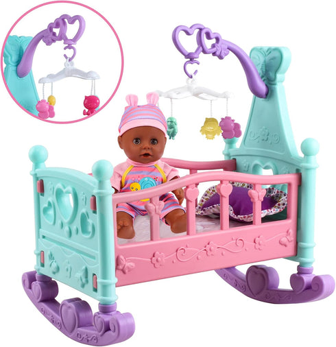 Set 21 Set deAO Black Baby Doll - Mobile, High Chair, Stroller & Feeding Accessories - Piece Play (Doll Included)