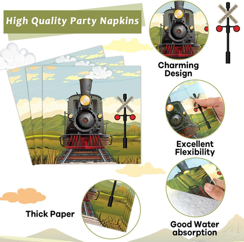 96 Set 24 Pcs Train Paper Plates and Napkins Party Supplies Steam Train Birthday Disposable Tableware Retro Trains