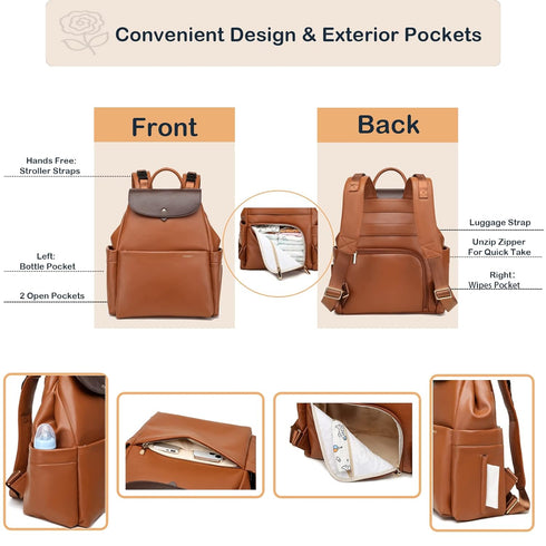 Backpack, 14 Leather Diaper Bag Pockets, Fashion Diaper Bag Leather with Changing Pad, Stroller Straps, Travel