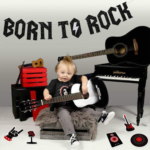 Born to Rock Glitter Banner - Music Note Garland for 1950's Rock and Roll Party Decorations, 1st Birthday Supplies