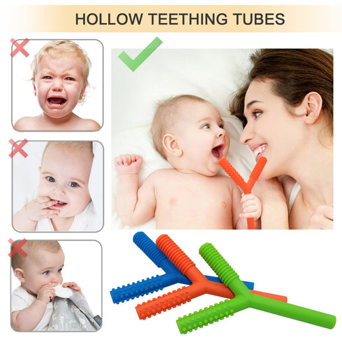 Hollow Teething Tubes Toys for Babies, 5 Pack Silicone Teether Toy Tube for Infants 6-12 Months (Style C)