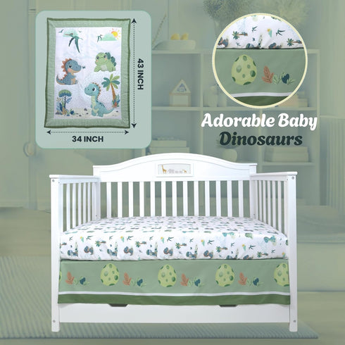 TrenD'Lay 4 set set Piece - Includes Comforter, Fitted sheet, Crib skirt and Bib. Unisex Baby Dinosaurs Crib bedding