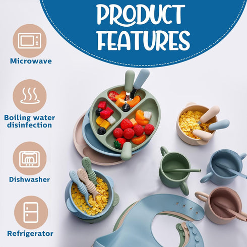 24 Pack Set Silicone Baby Feeding Baby LED Weaning Supplies Includes Suction Divided Plates Soft Bowl Spoons Forks