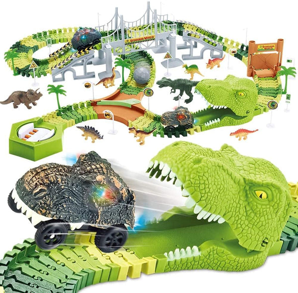 174 PCS Flexible Dinosaur Train Tracks and Race Cars Playset with 8