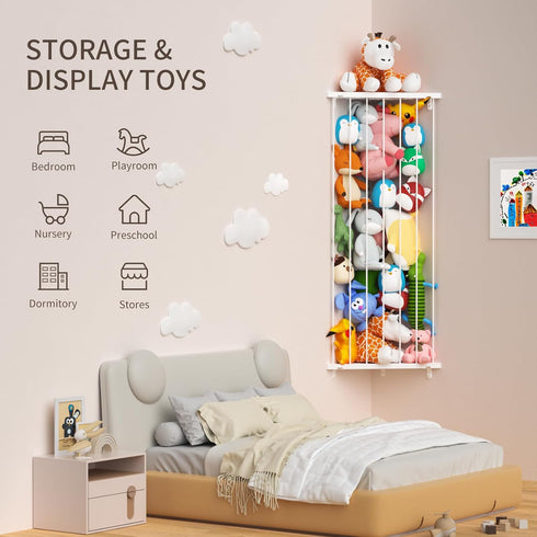 Kids Stuffed Animal Storage Organizer - Adjustable Length Wall Plush Holder for Nursery Playroom Bedroom (White)