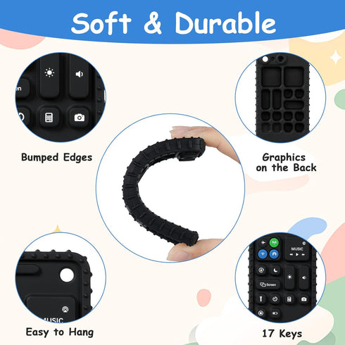 Silicone Baby Teething Toys, Cell Phone Teether Toys with Pacifier Clip, 0-12 Months, BPA Free/Freezable (Black)