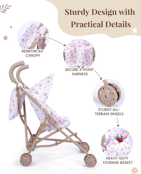 12-15 Inch 5 Set, 3+ BABESIDE One-Touch Baby Doll Stroller Sturdy & Durable for Dolls, Includes Pcs Accessories