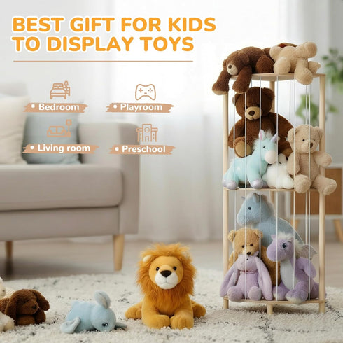 Bedroom(42 inchMedium) POIKSHARK Corner Stuffed Animal Storage & Organizer, Wooden Cute Animal Holder with Partitions